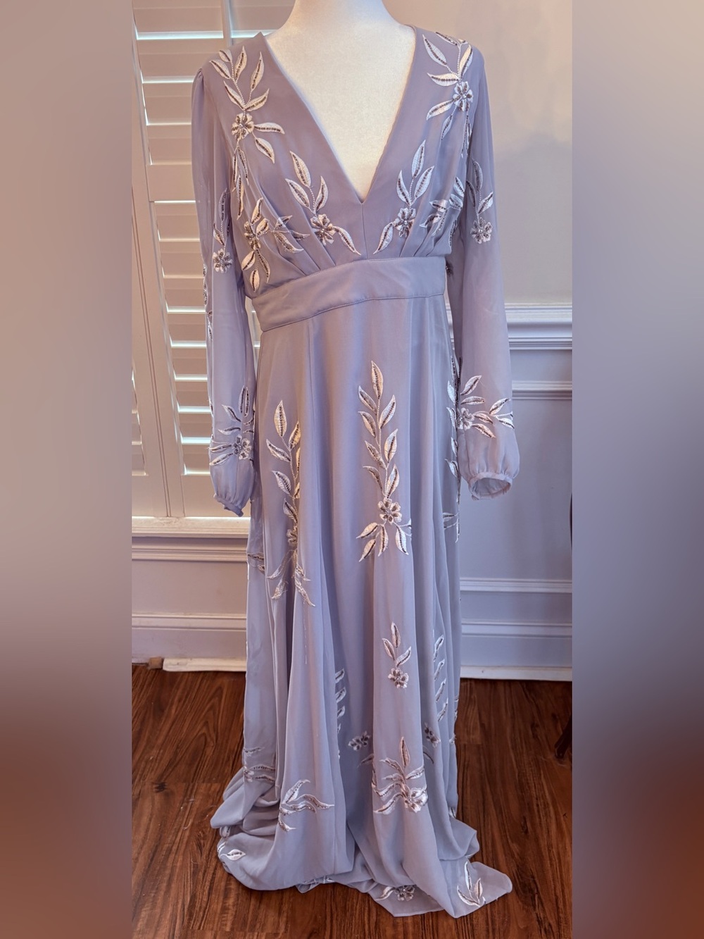 Light blue-grey Embroidered with crystals Long Sleeve Maxi Dress
